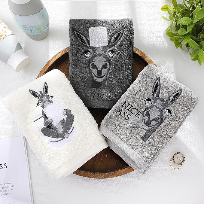 3 Pcs Funny Donkey Hand Towels Embroidered Donkey Farmhouse Decorative Bathroom Towels for Bathroom Kitchen Decor, 100% Cotton, 13.3 x 29.5''