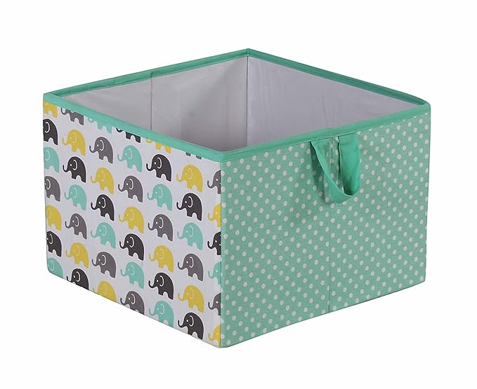 Bacati - Large Storage Tote Elephants Mint/Yellow/Grey14 x 14 x 10 inches