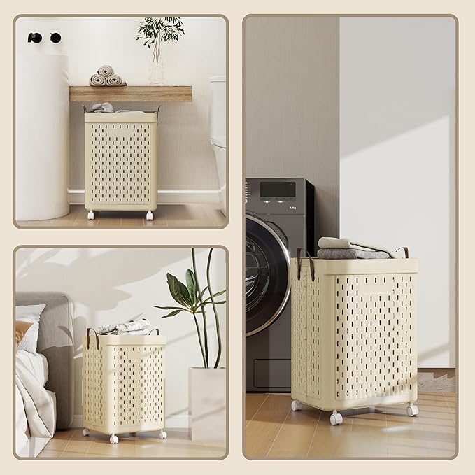 UAK Plastic Laundry Basket with Wheels & Handle, 67L Heavy Duty Foldable Laundry Hamper – Easy Clean Waterproof Rolling Organizer for Bathroom & Laundry Room, Ivory