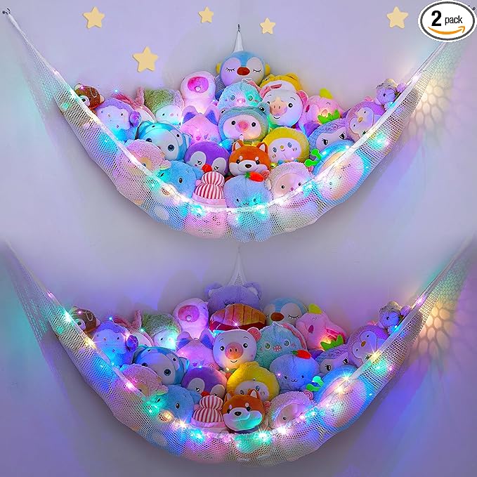 Unicorn Castle Stuffed Animals Net or Hammock Kids Toy Storage Organizer with LED Light Hanging Corner Stuffed Animals Holder Kids Girls Room Decor,White,Large (Pack of 2)