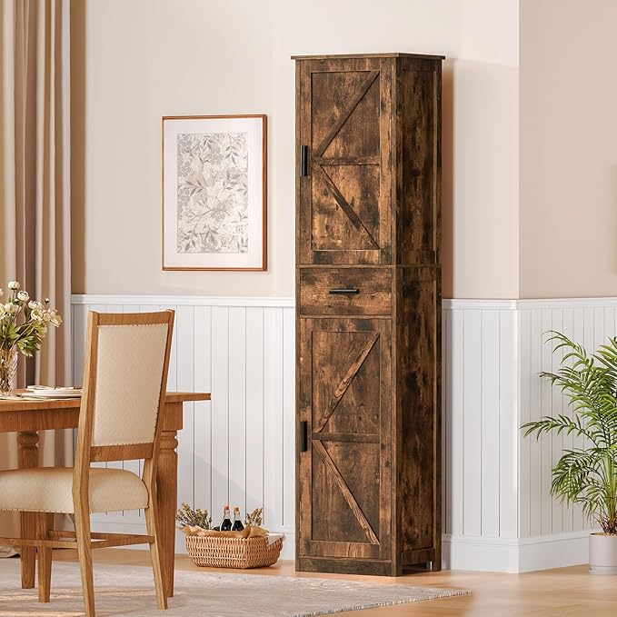 WEENFON Tall Bathroom Cabinet, Storage Cabinet with 6 Shelves & Drawer, Bathroom Storage Cabinet with Adjustable Shelves, Tall Cabinet for Living Room, Home Office, Brown