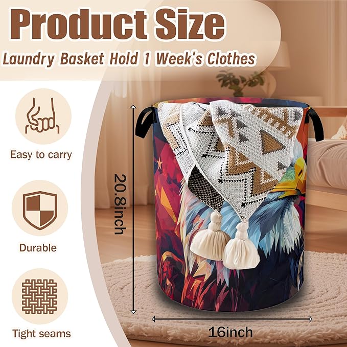 Eagle American Flag Laundry Basket, Laundry Hamper Waterproof Oxford Cloth Tote Collapsible,Clothes Storage Bucket Decorative Toy Organizer For Bathroom Bedroom 16" x 20.8"