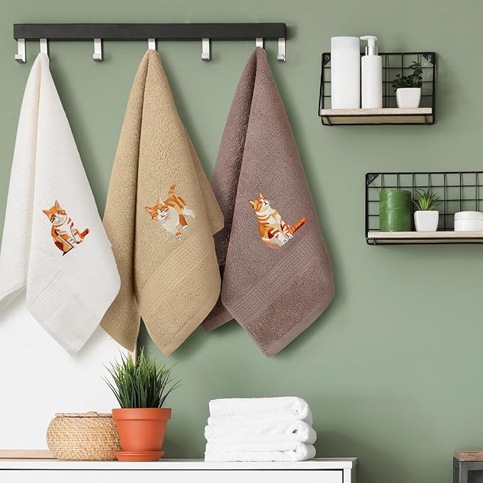 3 Pcs Orange Cat Hand Towels Bathroom Sets Decor Cute Orange Cat Lover Gifts Funny Decorative Farmhouse 100% Cotton Embroidered Towels for Women Bathroom Kitchen 13. 3 x 29. 5''