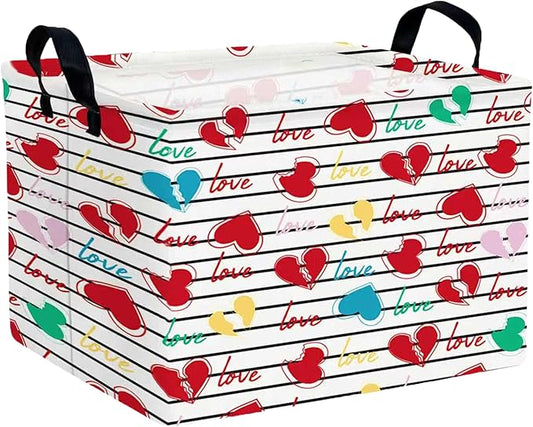 Large Valentine's Day Basket Heart Shaped Storage Bin for Gifts Collapsible Organizer Room Decor (Black Cross Bar Love)