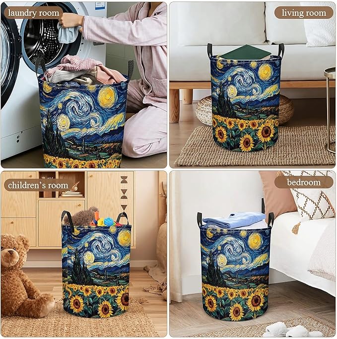 Laundry Hamper Night Sky Sunflowers, Large Canvas Collapsible Organizer Laundry Storage Basket for Nursery,Office,Toy Organizer,Home,Decor - 19.7" X 15.7 "