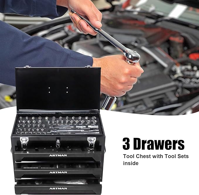 20" Portable 3 Drawer Steel Toolbox,Built in Tool Set,4 Layers of Tools with Metal Latches, with Top Storage Tray and carrying Handle, Multi-Function Tool Storage for Garage, Home,or Workbench