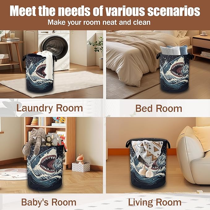 Shark Big Mouth Laundry Hamper,Ocean Wave Laundry Baskets,Waterproof Oxford Cloth Toy Storage for Bedroom,Bathroom,Nursery,16x20.8 Inch
