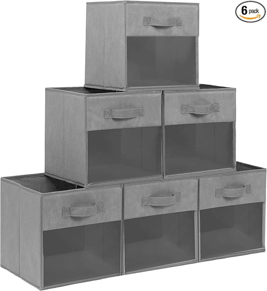 13x13 Large Storage Bins with Clear Window, Set of 6 Storage Cubes, Collapsible Cube Storage Bins, Fabric Closet Organizers with Handles for Home, Office, Closet Shelf Cabinet, Bookcase, Grey