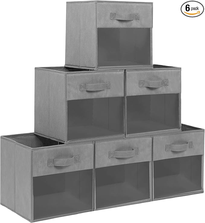 11x11 Large Storage Bins with Clear Window, Set of 6 Storage Cubes, Collapsible Cube Storage Bins, Fabric Closet Organizers with Handles for Home, Office, Closet Shelf Cabinet, Bookcase, Grey