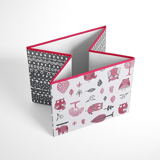 Bacati - Large Storage Tote Owls in the Woods Pink/Grey 14 X 14 X 10 inches