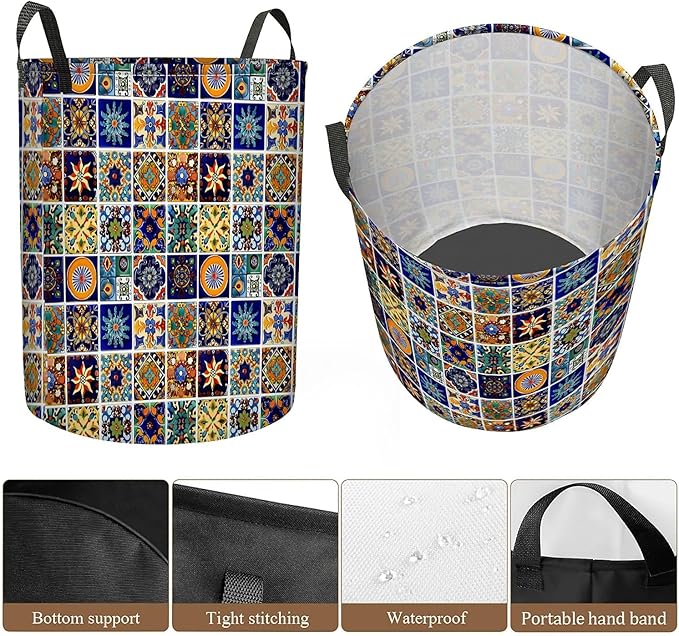 Talavera Mexican Tile Print Laundry Basket, Large Canvas Collapsible Organizer Storage Basket for Nursery,Office,Toy Organizer,Home,Decor - 19.7" X 15.7 "