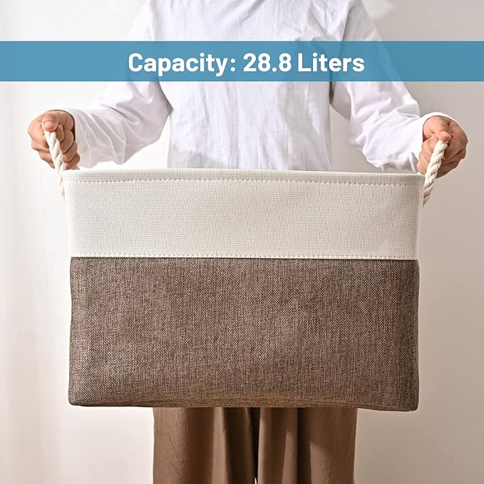 HOdo Home 15.8×11.8×9.5In/3PCS Fabric Storage Bin with Drawstring Closure and 2 Bold Handles, Collapsible Large Canvas Storage Baskets for Organizing Shelf Nursery Home Closet (Brown)