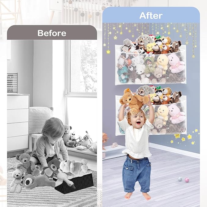 ANROYE 2PCS Large Corner Stuffed Animal Storage, Kids Plushies Toy White Wall Hammock for Girls Room, Baby Squishmallow Holder for Nursery, Organizer Idea for Bear Hanging Display Boy Gift