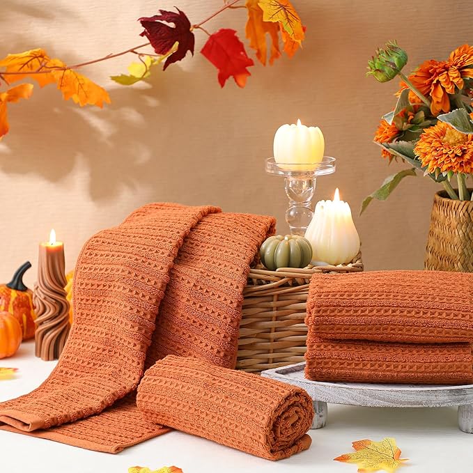 4 Pack Burnt Orange Hand Towels Waffle Striped Pattern 100% Cotton Soft Hand Towels for Bathroom 13 x 29 Inch Absorbent Waffle Washcloths for Bathroom Kitchen