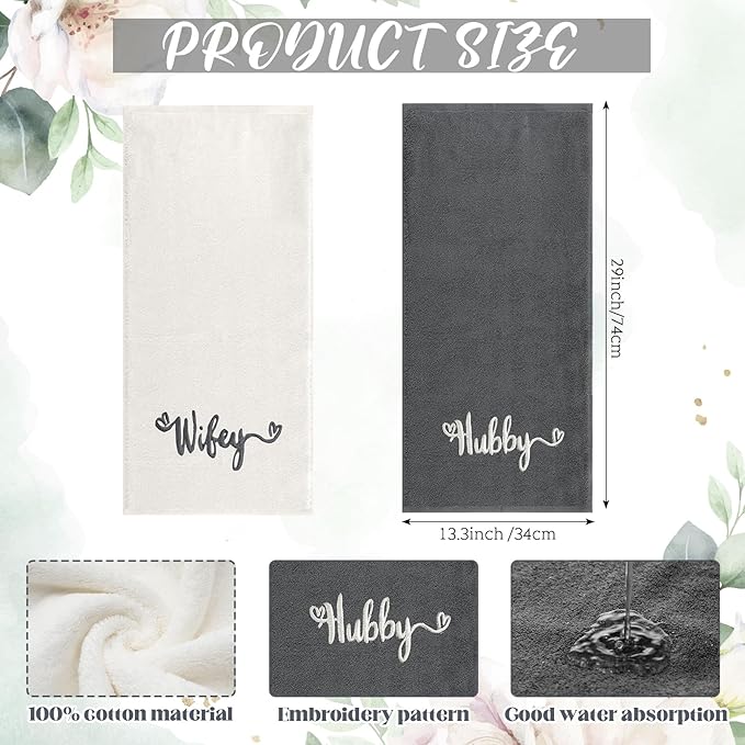2 Pcs Wifey Hubby Hand Towels 100% Cotton Embroidered Bathroom Towel Gift for Valentine's Day Wife Husband Wedding Engagement Anniversary Bathroom Decor 29 x 13 Inch