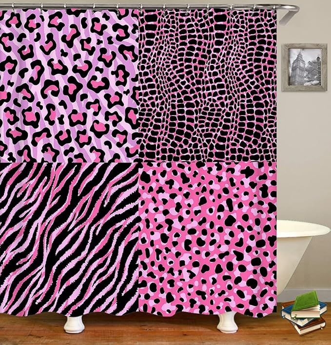 4PCS Pink Leopard Print Shower Curtain Set, Crocodile Zebra Cheetah Print Safari Animals Skin Fur Fashion Glam Teenage Girls Women Bathroom Decor, Non-Slip Bath Mat Toilet Rug, Chic Patchwork