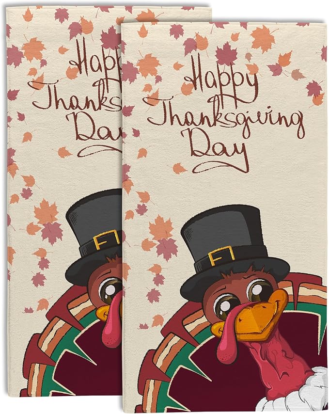 Happy Thanksgiving Bathroom Hand Towel Set of 2,Fall Thanksgiving Turkey Fingertip Kitchen Hand Towel,Soft Absorbent Decorative for Hotel Gym Yoga Home Decor 28"x14"