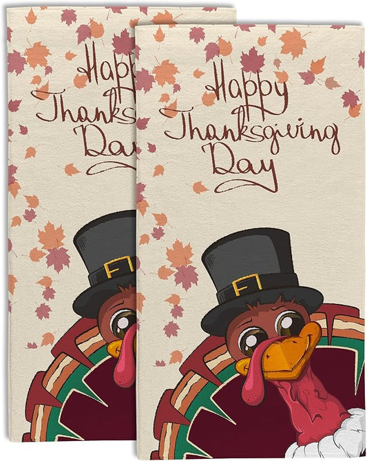 Happy Thanksgiving Bathroom Hand Towel Set of 2,Fall Thanksgiving Turkey Fingertip Kitchen Hand Towel,Soft Absorbent Decorative for Hotel Gym Yoga Home Decor 28"x14"