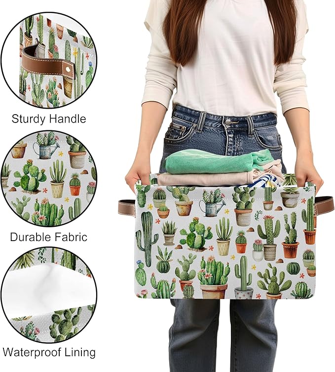 Cactus Large Collapsible Storage Baskets for Organizing Shelves with Handles, Decorative Storage Cube Bin for Organizing Clothes Toy Nursery