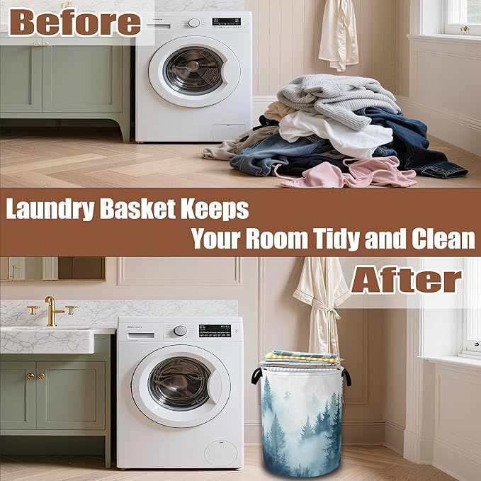 Misty Forest Laundry Baskets,Laundry Hamper,Storage Basket with Handles for Bathroom Bedroom College Dormitory Living Room Nursery Organizer 16"x20.8"