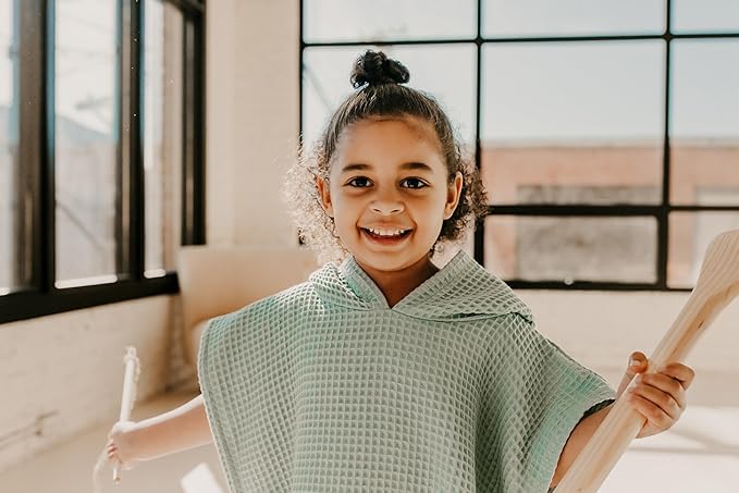 Jade&Kai Hooded Towel for Kids | Snaps into a Poncho | Organic Cotton Waffle | Lightweight and Absorbent | Bath, Beach, and Pool | Multiple Colors | (Large (6-10 Yrs), June Breeze)