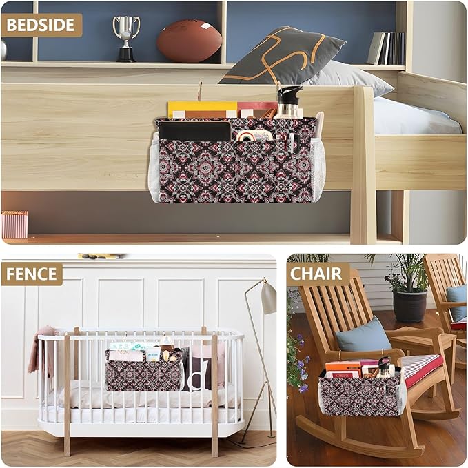 Paisley Cowboy Print Red Black Bedside Hanging Storage Basket Hanging Bag For Baby Bed for Glasses,Books,Mobile Phones,Keys