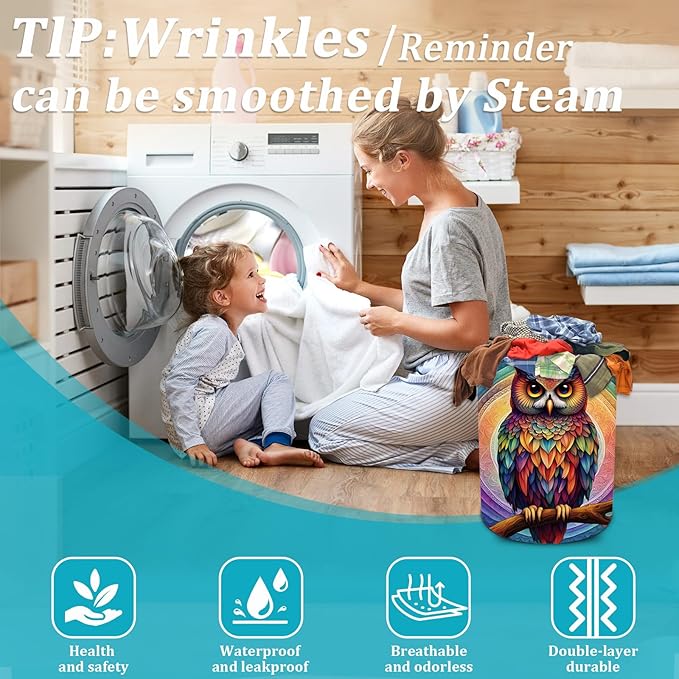 Owl Laundry Basket, Foldable Waterproof Oxford Cloth Mandala Laundry Hamper Funny Tote Bag Dirty Clothes Storage Bucket Toy Organizer for Bathroom/Laundry/Bedroom 15.7"x19.6"