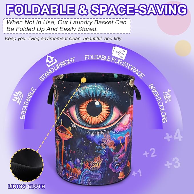 Abstract Eyes Mushrooms Laundry Basket Funny Oxford Cloth Laundry Hamper With Handle Foldable Portable Clothes Storage Basket 18.9 X 16.5 In Storage Bag For Laundry Room/Bathroom/Bedroom/Dormitories