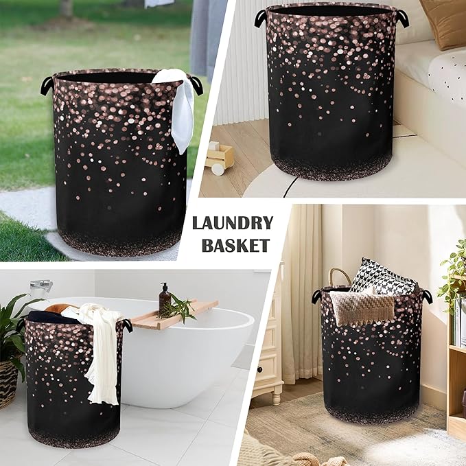 Pink Glitter Laundry Hamper,Dirty Clothes Laundry Basket with Handles Waterproof Oxford Cloth Storage Basket for College Dorms Bathroom Bedroom 16" x 20.8"