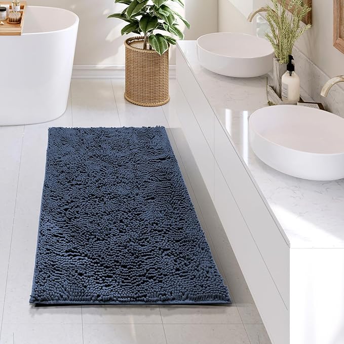 Hearth & Harbor Bathroom Rugs, Chenille Bath Mat - Machine Washable Bath Mats for Bathroom Non-Slip Backing Rubber, Quick Dry Bathroom Mat - Navy Blue 24x36