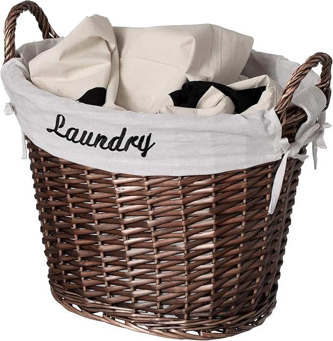 Wickerwise Handwoven Laundry Basket with Liner & Handles - Boho Decorative Storage Hamper for Clothes Blankets Pillows and Towels - Ideal for Laundry Room Bathroom Bedroom and Living Room, Brown