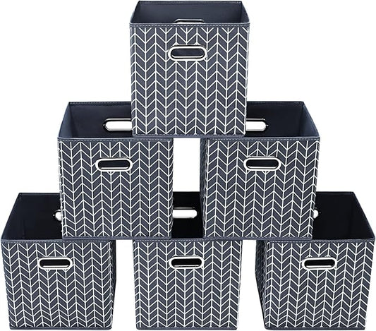11 Inch Cube Storage Bins , Fabric Cube Organizer Bins with Handle, Foldable Cube Bins for Cloth or Accessary Storage, 11x11x11 set of 6,（Gray Wave）