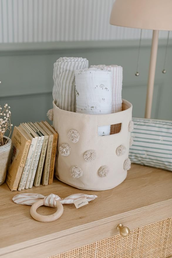 Pehr Pom Pom Trio Bundle, Grey | Bin, Pint & Mini | 100% Cotton Canvas, Handmade Decorative Organizers | Stylish Nursery & Playroom Storage, Durable & Functional