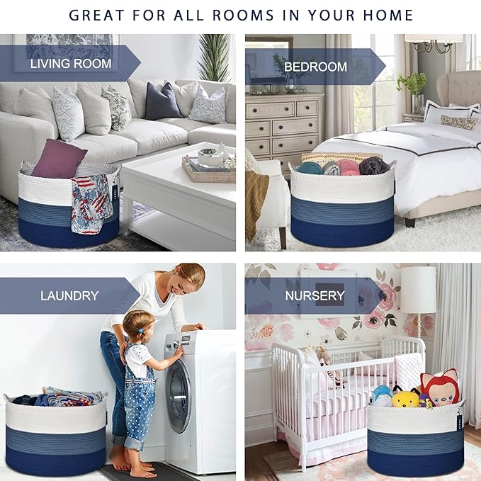 COMSE Extra Large Blanket Basket, Woven Laundry Basket, 21.7”x 13.8”, Nursery Hamper, Cotton Rope Laundry Hamper Living Room for Storage Toys Clothes Towels (White & Cadet Blue & Navy Blue)