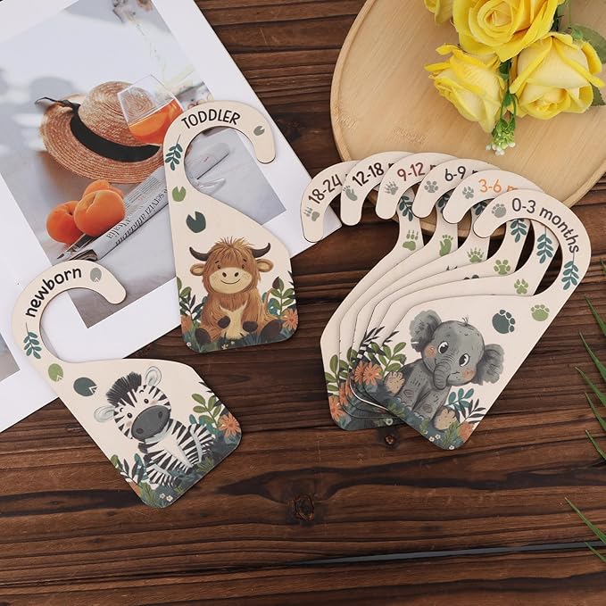 8pcs Baby Size Closet Dividers, Wooden Baby Wardrobe Organizer Newborn to 24 Months Woodland Nursery Decor Double-Sided Nursery Clothes Hanger Partition for Home Beautiful Decor (Animal)