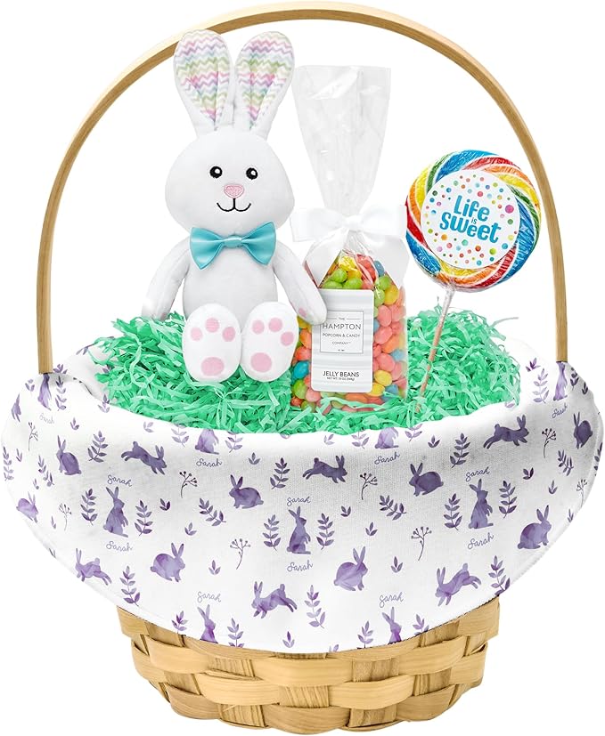 Let's Make Memories Personalized Easter Basket for Kids - For Boys - For Girls - Create Your Own - Fillable - Wicker - Easter Basket Stuffers - Large - Purple Rabbit