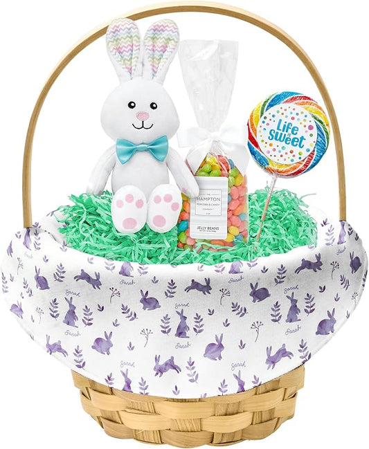 Let's Make Memories Personalized Easter Basket for Kids - For Boys - For Girls - Create Your Own - Fillable - Wicker - Easter Basket Stuffers - Large - Purple Rabbit