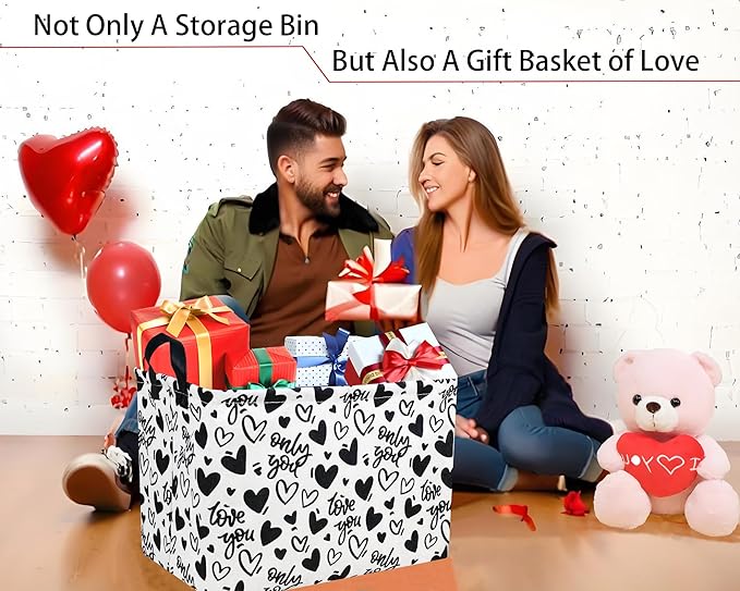 Large Valentine's Day Basket Heart Shaped Storage Bin for Gifts Collapsible Organizer Room Decor (Black Hollow Entity Love)
