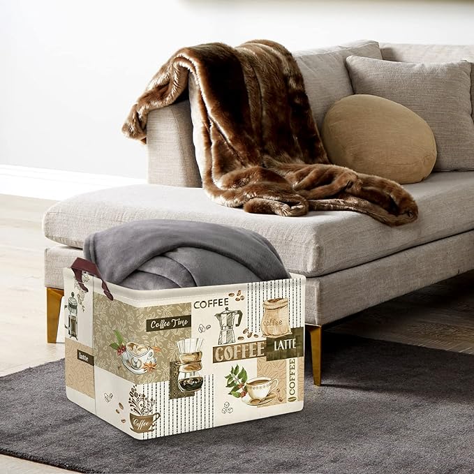 Clastyle Large Breaktime Coffee Theme Storage Basket Coffee Bean Cup Snack Kitchen Storage Bin Rectangle Brown Basket for Clothes Toy Book