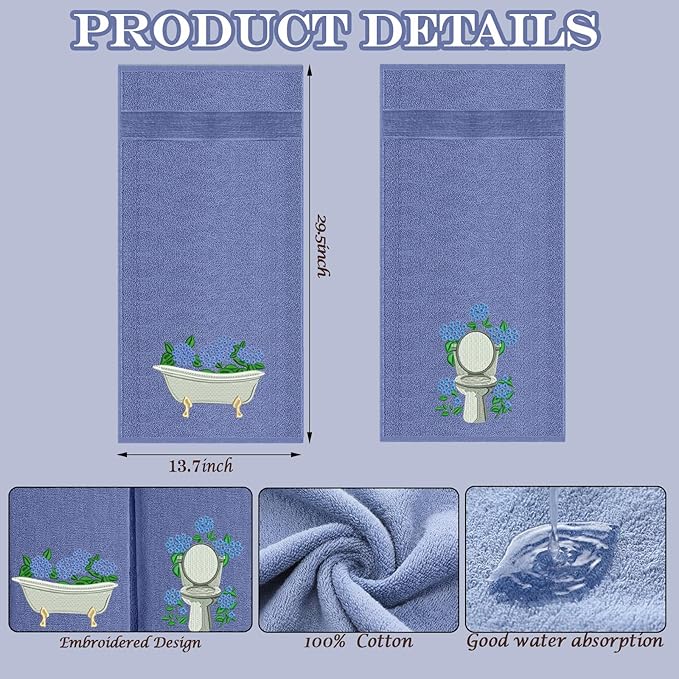 2pcs Blue Hydrangea Hand Towels for Bathroom Decorative Towels Set 100% Cotton cute Embroidered Spring summer floral bath towels dish kitchen towels Farmhouse Bathroom Decor Gift (Blue Hydrangea)