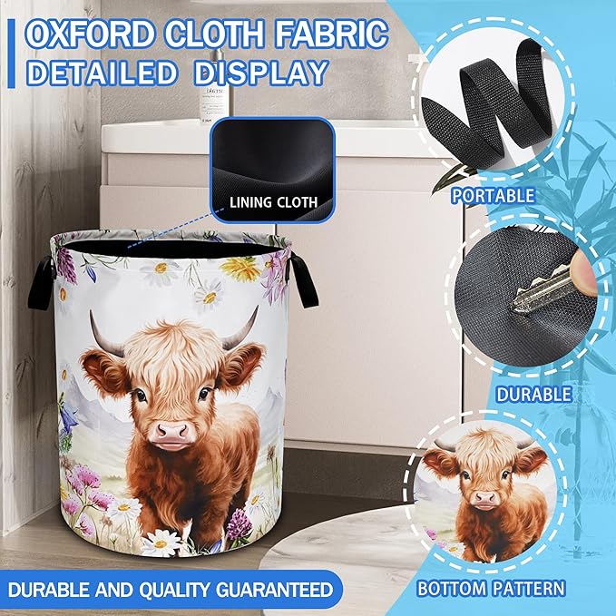 Highland Cow Laundry Basket Oxford Cloth Animal Flowers Laundry Hamper With Handle Foldable Portable Clothes Storage Basket 18.9 X 16.5 Inch Storage Bag For Laundry Room/Bathroom/Bedroom/Dormitories