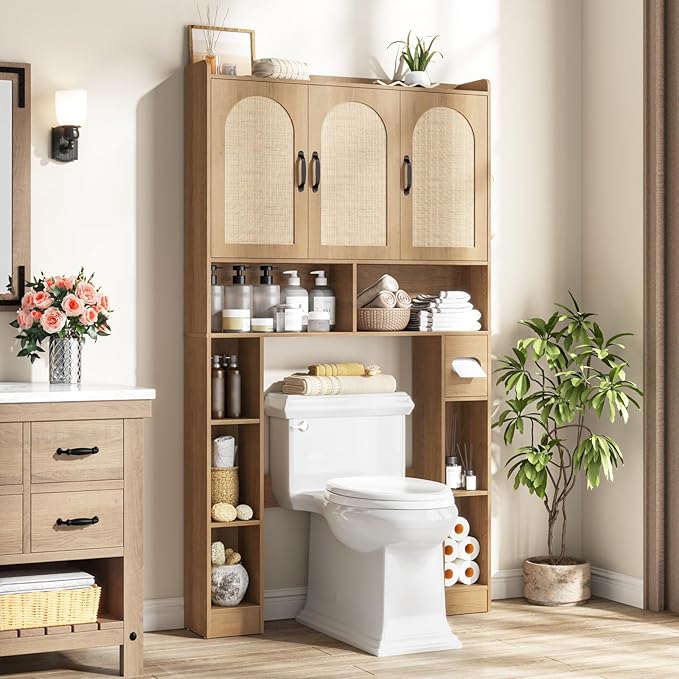 Vabches Over The Toilet Storage Cabinet,Farmhouse Over Toilet Bathroom Organizer with 3 Barn Doors & Toilet Paper Holder Stand,Home Space-Saving Toilet Rack with Shelves，for Bathroom,Restroom,Laundry