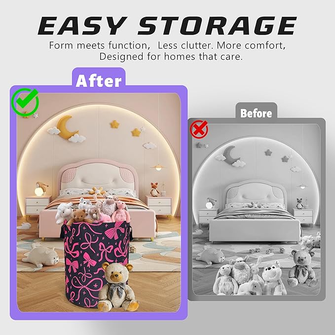 Bow Laundry Basket Oxford Cloth Pink Bowknot Laundry Hamper Funny With Handle Foldable Portable Clothes Storage Basket 18.9 X 16.5 In Storage Bag For Laundry Room/Bathroom/Bedroom/Dormitories