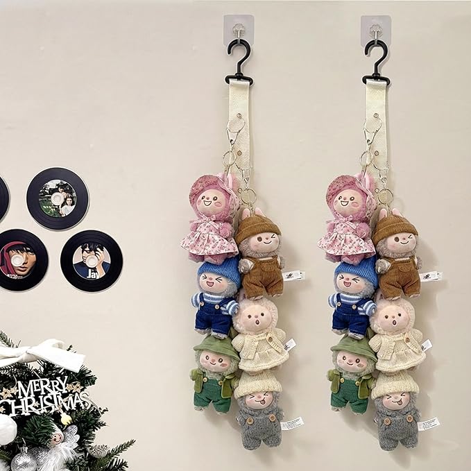 Plush Doll Hanging Storage Rope Display Rack with 8 Clips – Wall Hanging Organizer for Keychain Plushies, Mini Toys– Holds up to 3kg (2 PCS White)