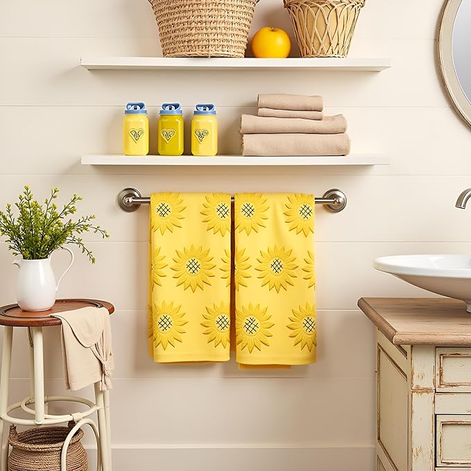 2pcs Sunflower Hand Towels for Bathroom Decorative Towels Set 100% Cotton Yellow Jacquard Spring Summer Floral Bath Towels Dish Kitchen Towels Kitchen Bathroom Decor Gift (Sunflower Yellow)