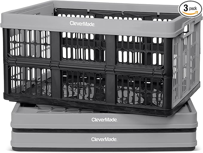 CleverMade Collapsible Utility Crates - Stone 3 Pack 45L / 11 Gal Holds 66 lbs - Stackable Containers Heavy Duty Capacity Crates-Space-Saving Baskets