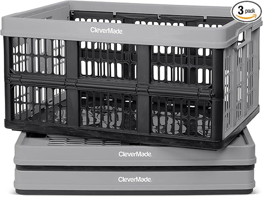 CleverMade Collapsible Utility Crates - Stone 3 Pack 45L / 11 Gal Holds 66 lbs - Stackable Containers Heavy Duty Capacity Crates-Space-Saving Baskets