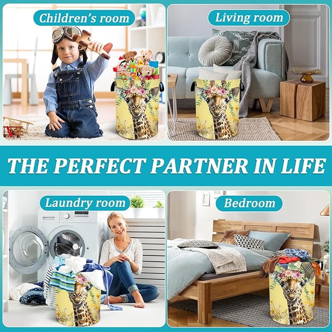 Giraffe Flower Laundry Basket, Foldable Waterproof Oxford Cloth Laundry Hamper Funny Tote Bag Dirty Clothes Storage Bucket Toy Organizer for Bathroom/Laundry/Bedroom 15.7"x19.6"