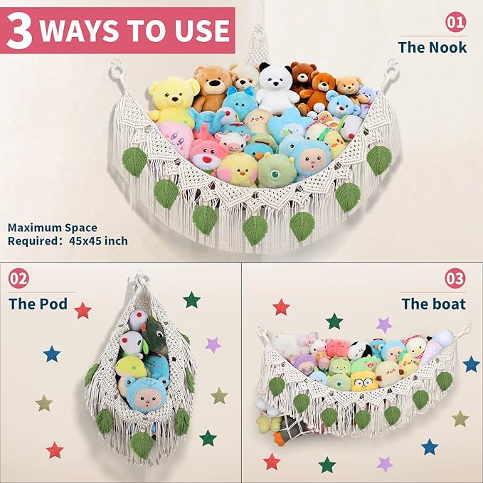 Stuffed Animal Storage Hammock Corner w/LED Star Light, 56'' Jumbo Boho Tassel Leaf Hanging Stuffed Animal Net Holder, Cream Toy Hammock Plushie Net for Kid Girls Boys Gift Nursery Decor
