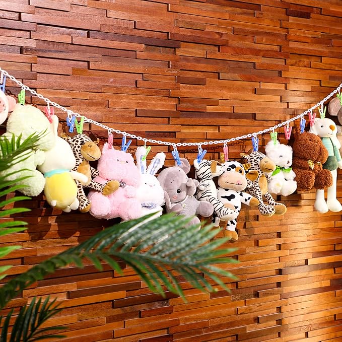 Blulu Stuffed Animal Storage Chain with 20 Clips 78.74'' Plastic Chain with Hooks for Nursery Bedroom Playroom Wall Corner Organizer Hanging Hats Socks Holiday Cards(Mixed Color Clip)